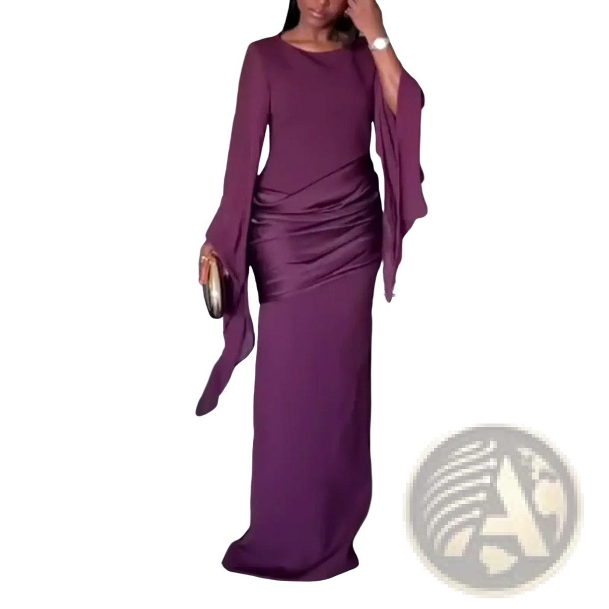 A flowing deep purple evening dress with a draped bodice and sheer long sleeves floor-length gown