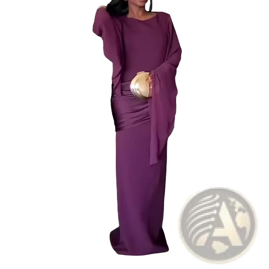 A flowing deep purple floor-length evening dress with wide sleeves and a ruched waist for formal occasions