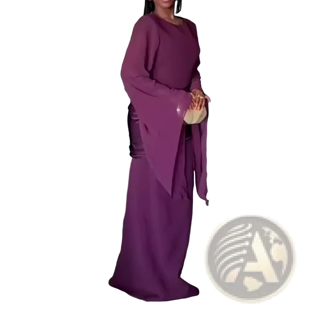 A flowing deep purple two-piece evening gown with draped long wide sleeves and a fitted bodice