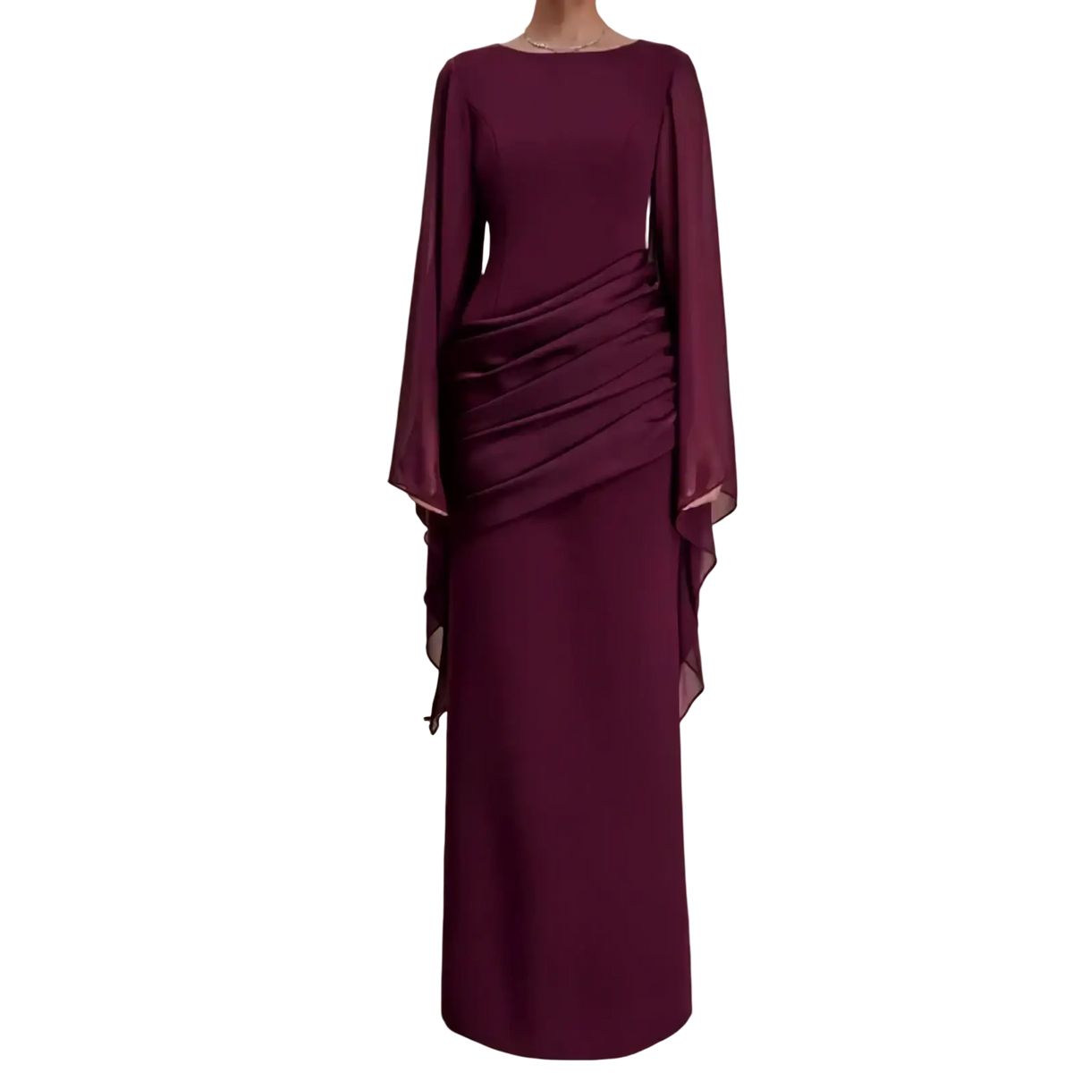 Elegant burgundy floor-length evening gown with sheer flowing bell sleeves and draped bodice detail