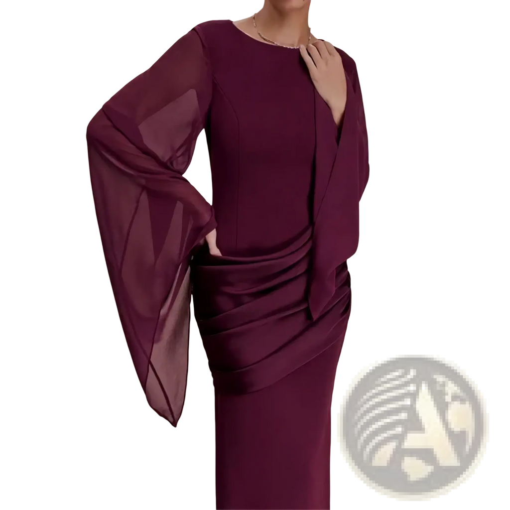 A sophisticated purple evening dress with a fitted bodice, sheer layered bell sleeves, and ruched waistline