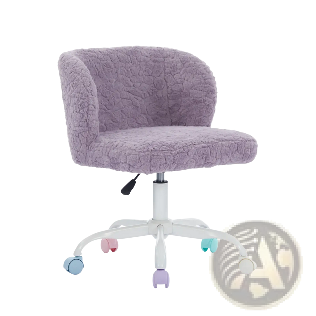A plush lavender purple faux fur desk chair with textured fabric and a white metal base with colorful caster wheels