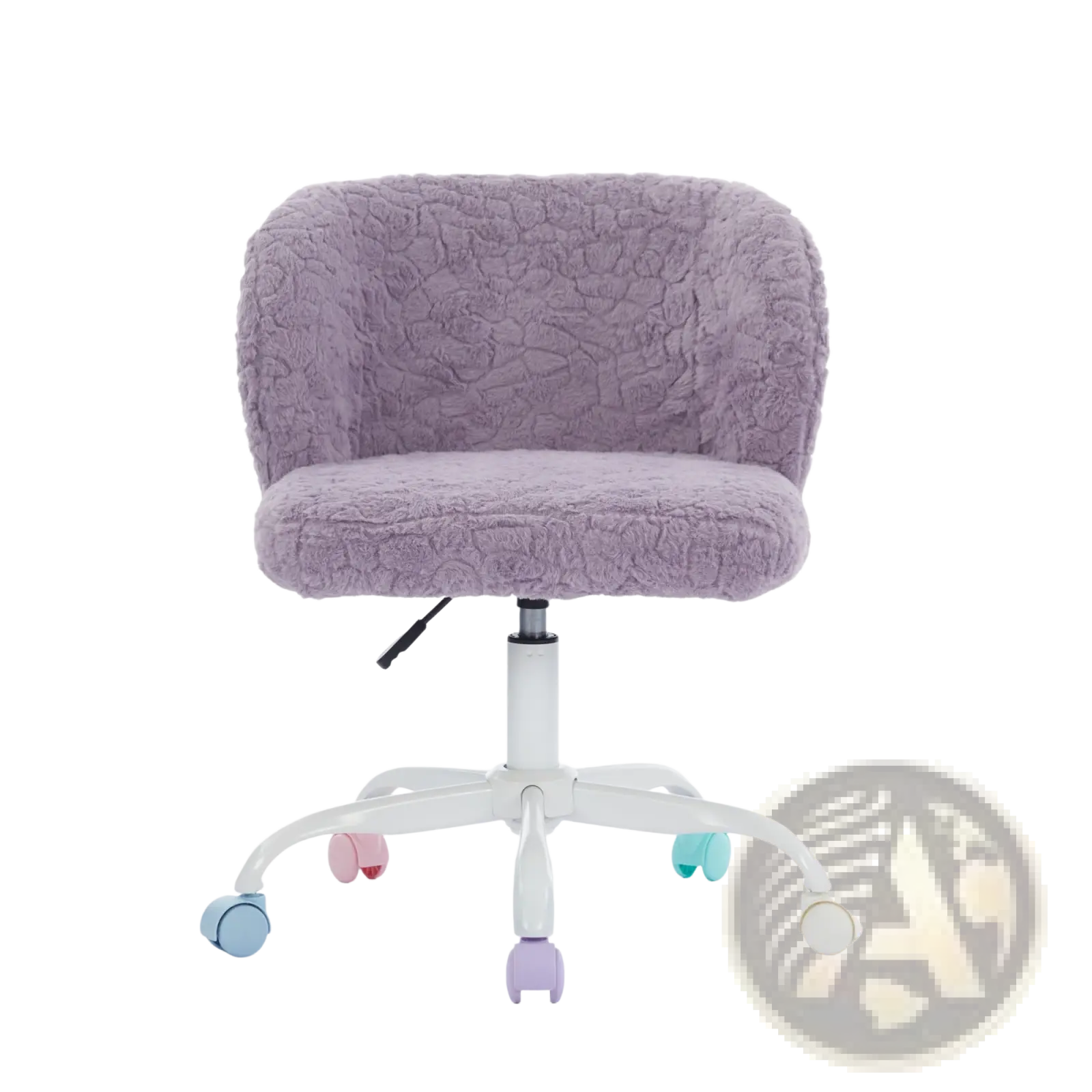 Purple faux fur desk chair with plush lavender faux fur upholstery, white metal base, and colorful caster wheels