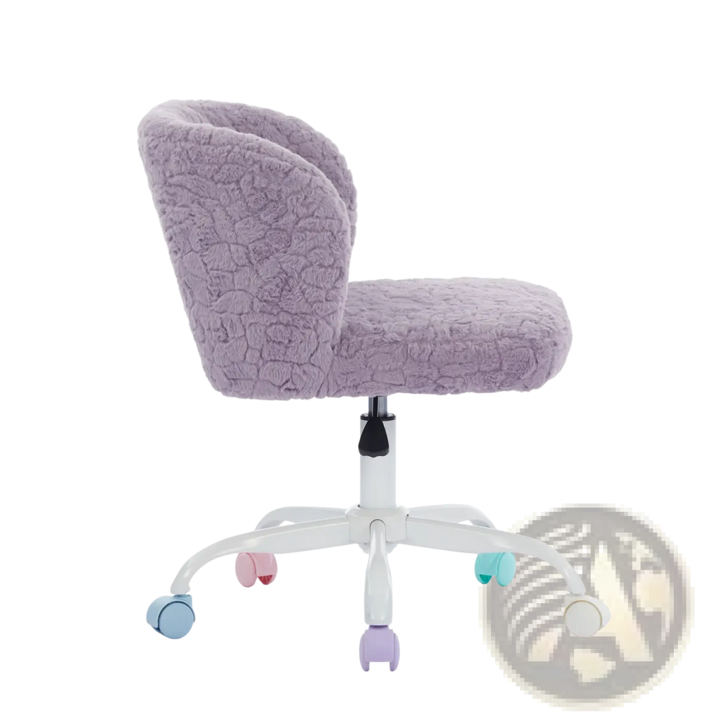 A plush lavender faux fur desk chair with textured upholstery and pastel colorful wheels for office use