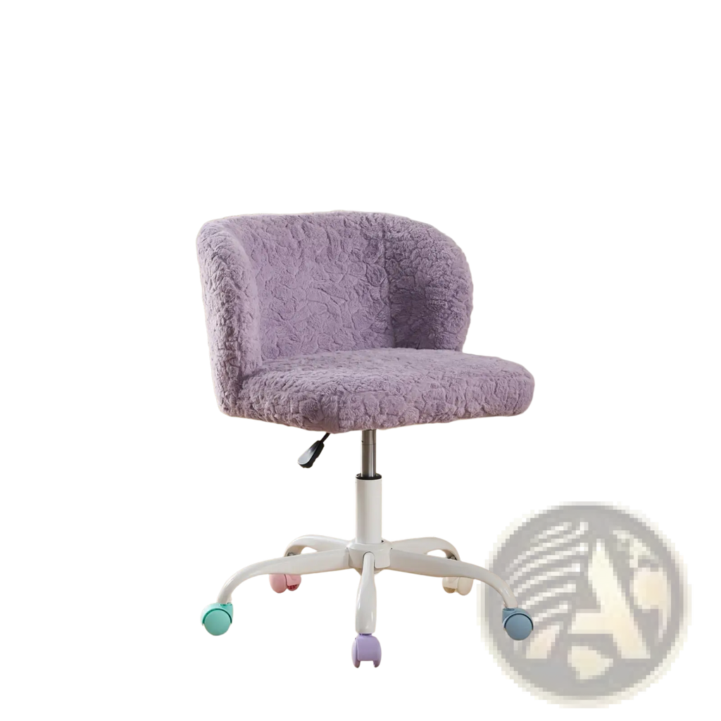 Purple faux fur desk chair with fuzzy texture white metal base and colorful caster wheels for office use