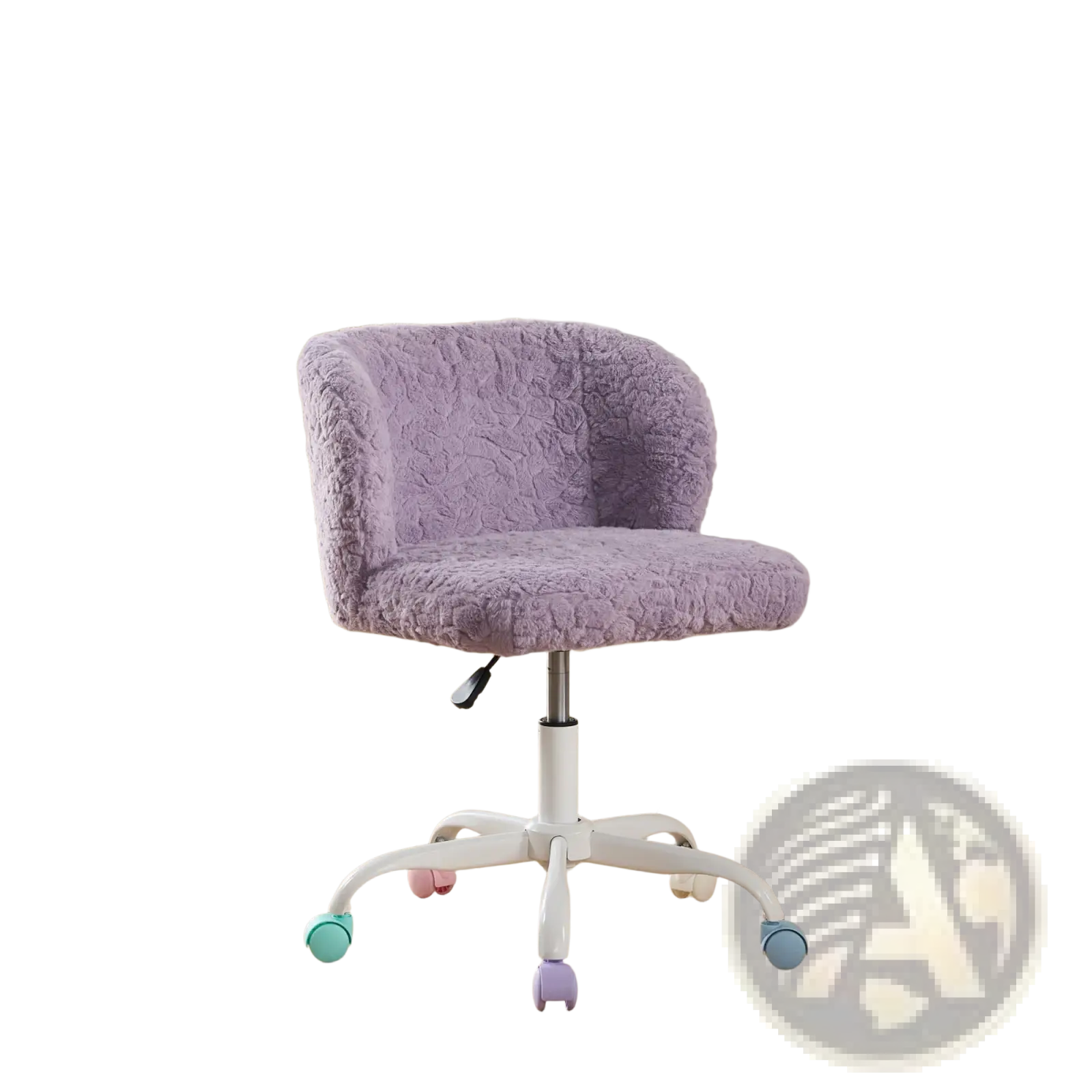 Purple faux fur desk chair with fuzzy texture white metal base and colorful caster wheels for office use