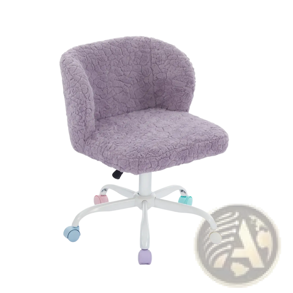 A plush lavender faux fur desk chair with textured fabric and colorful caster wheels on a white five-star base