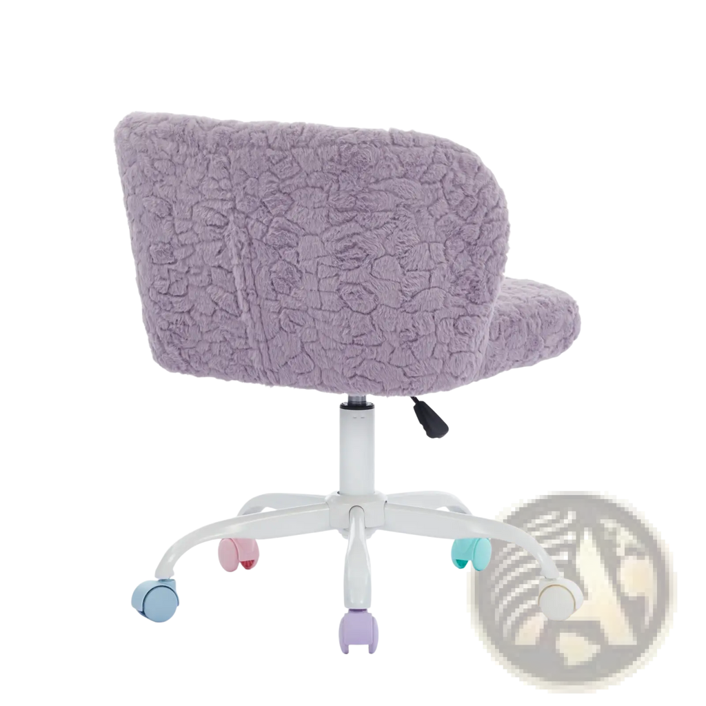A plush lavender faux fur desk chair with textured upholstery and colorful pastel caster wheels for office use