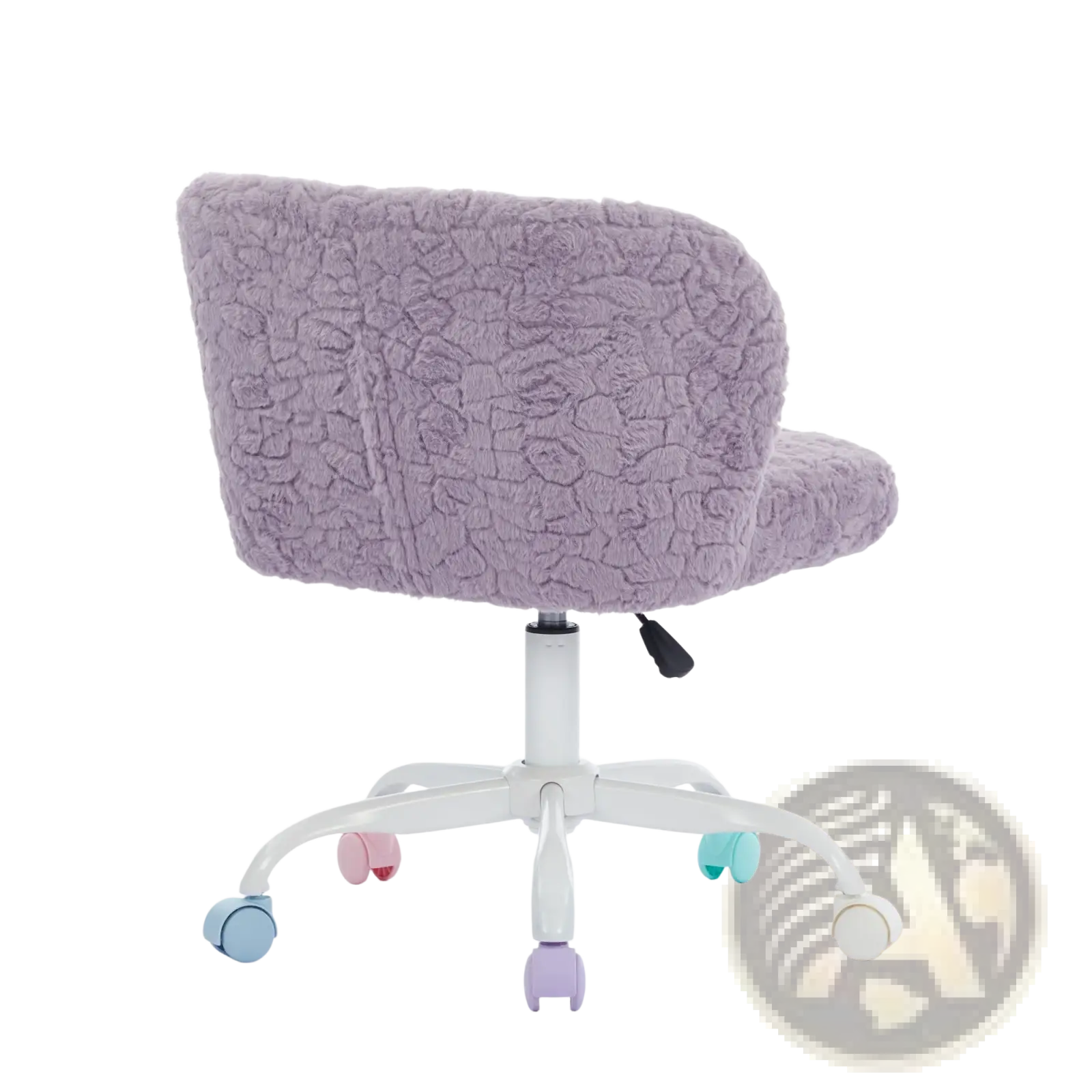 A plush lavender faux fur desk chair with textured upholstery and colorful pastel caster wheels for office use