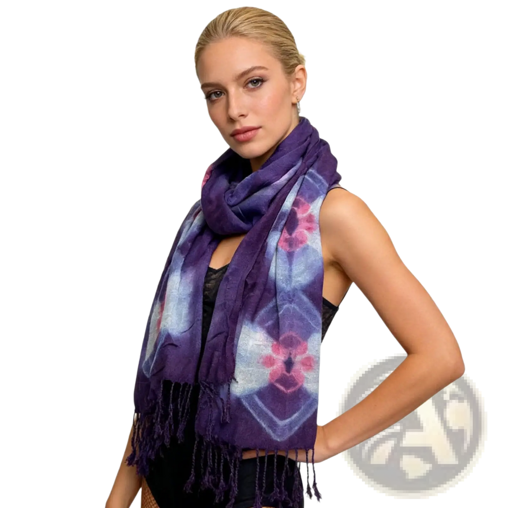 Purple floral boho viscose scarf with soft purple tie-dye, pink floral patterns, and fringed edges