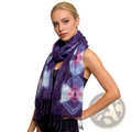 Purple floral boho viscose scarf with soft purple tie-dye, pink floral patterns, and fringed edges
