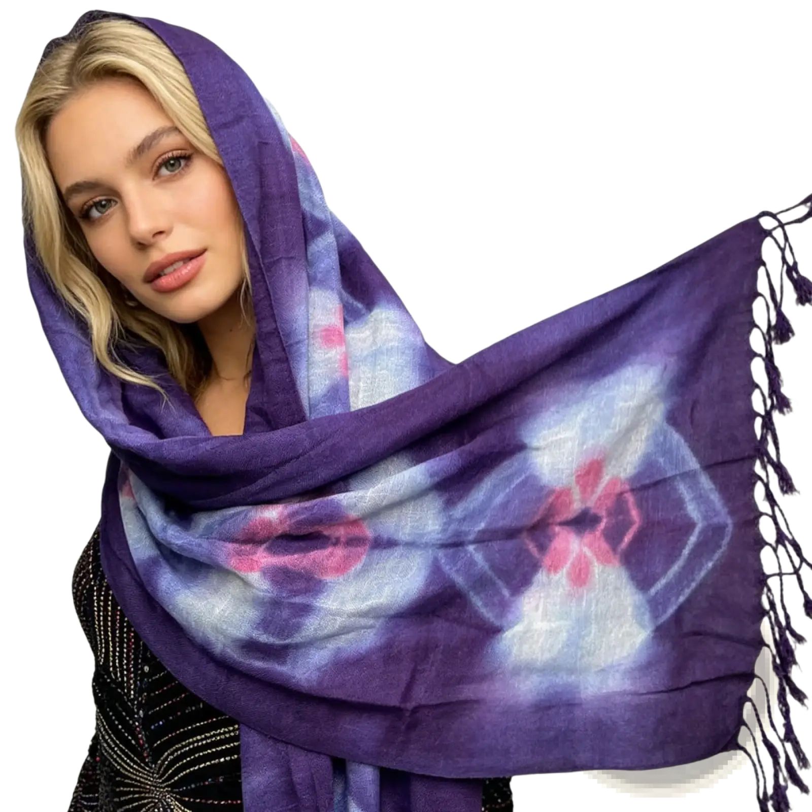 A soft flowing purple tie-dye viscose scarf with pink white floral patterns and dark tassels titled purple floral boho viscose scarf