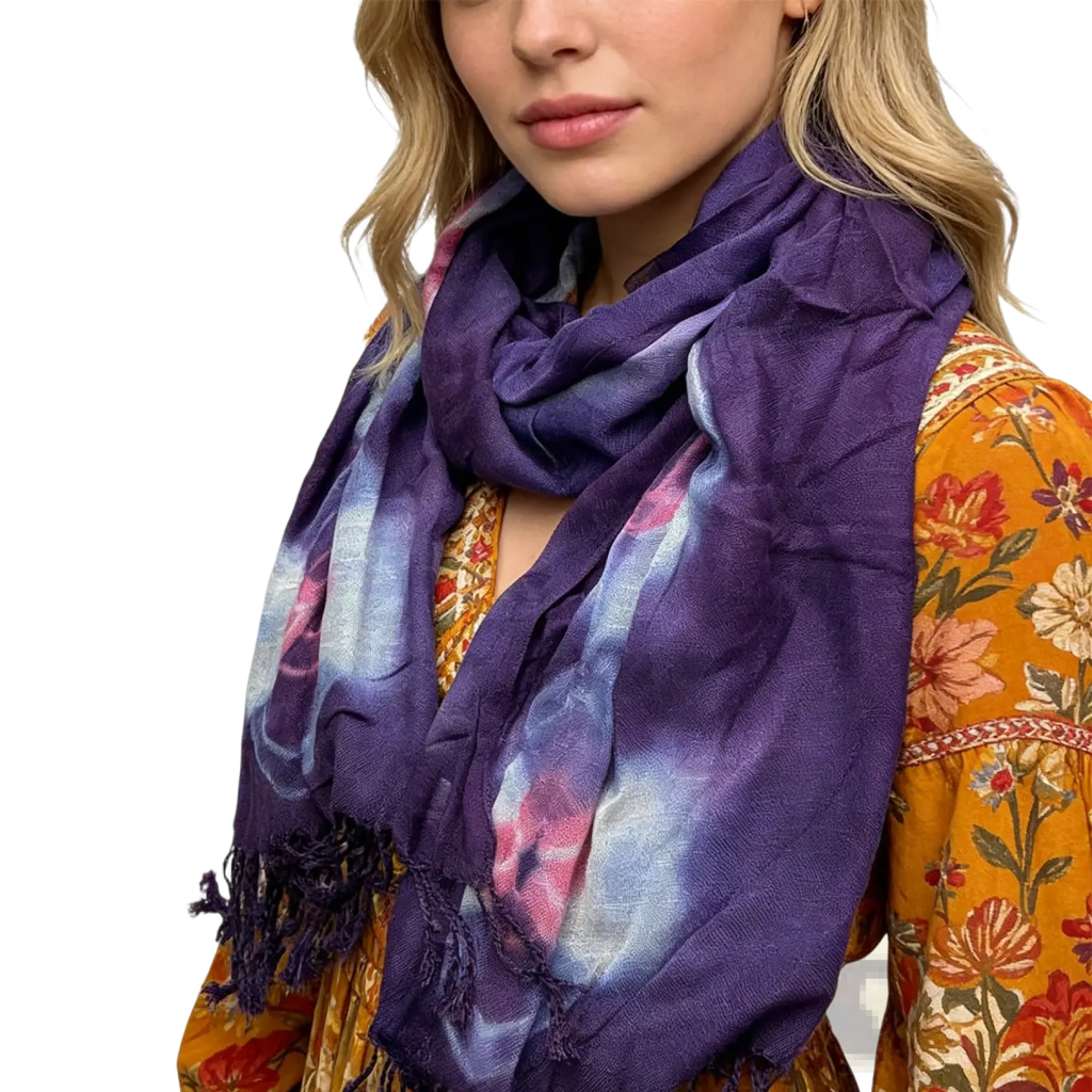 Purple floral boho viscose scarf in soft tie-dyed purple with pink blue gradients and fringed edges