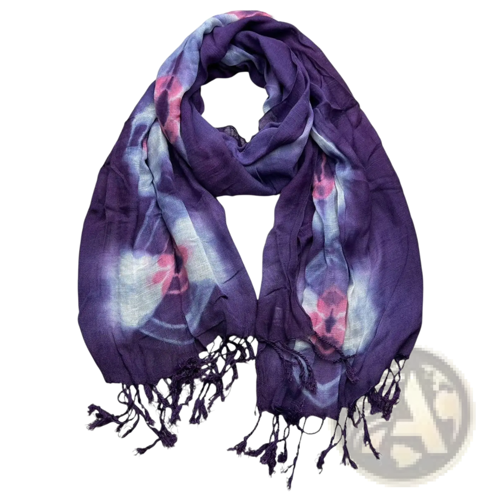 A soft purple floral boho viscose scarf with pink and white tie-dye patterns and fringed edges