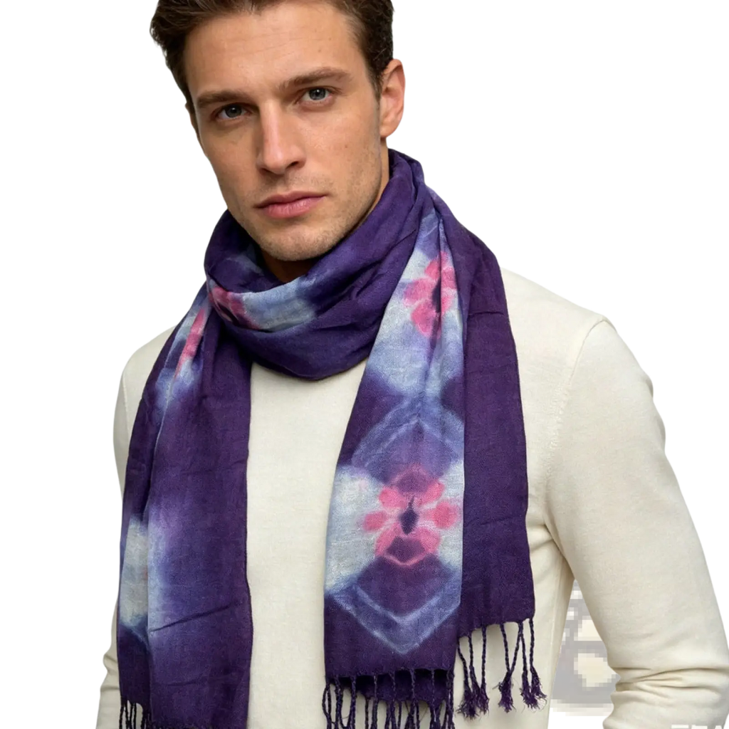 Purple floral boho viscose scarf with purple tie-dye and pink floral patterns featuring fringed edges