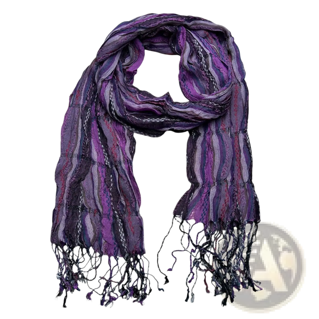 A flowing purple and black jacquard crinkle scarf with textured woven stripes and fringed edges winter accessory