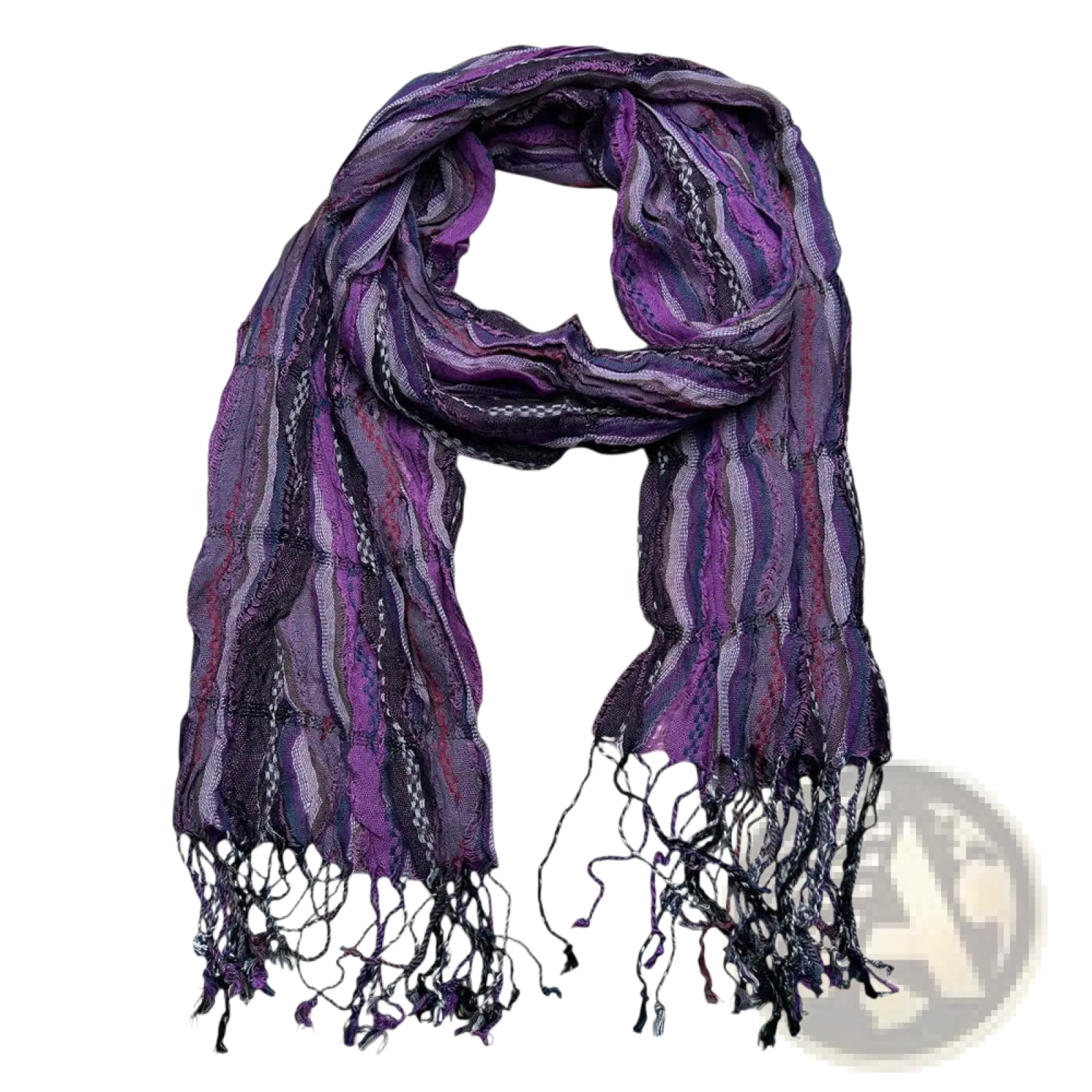 A flowing purple and black jacquard crinkle scarf with textured woven stripes and fringed edges winter accessory