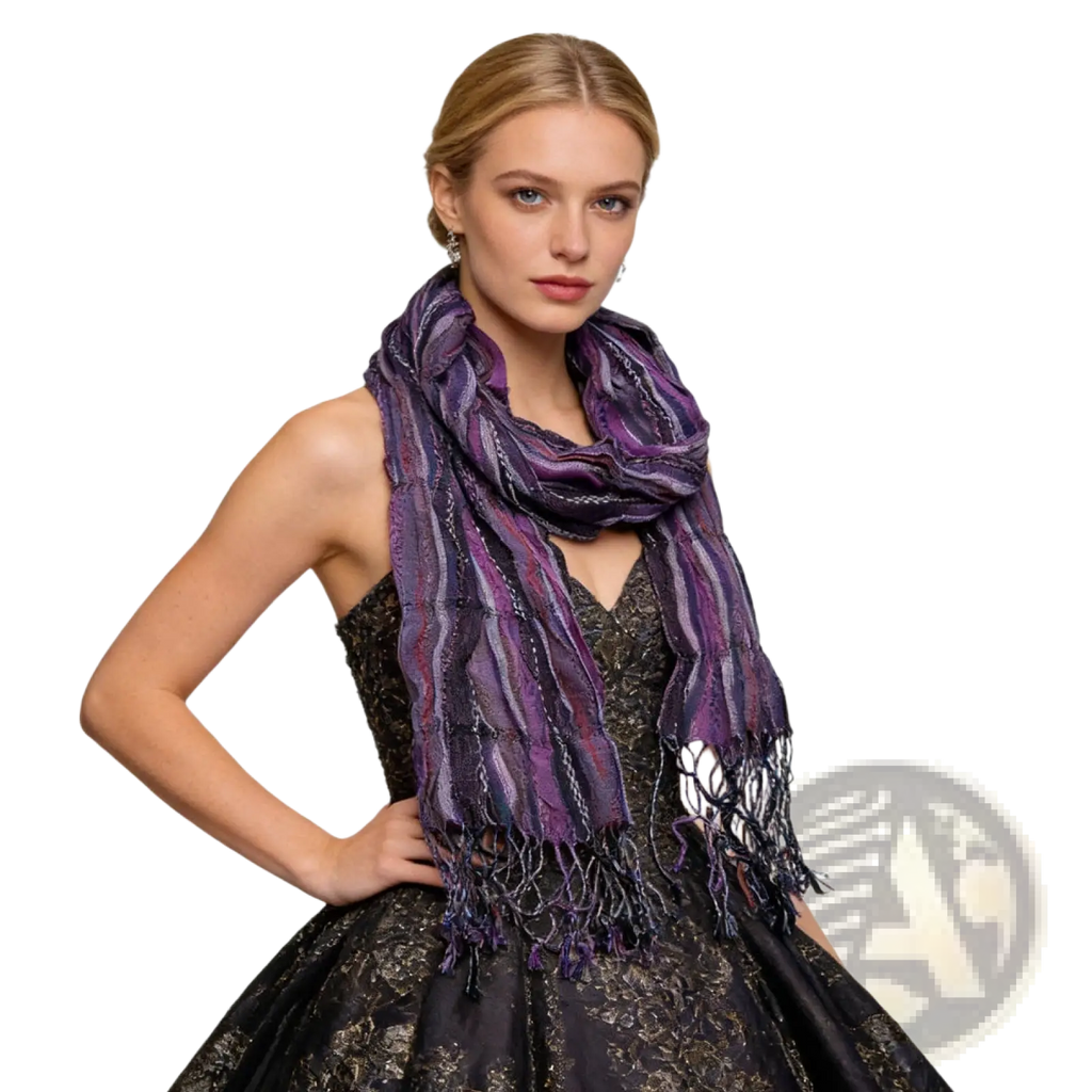 A luxurious purple and black striped jacquard crinkle scarf with intricate woven patterns and delicate fringe detailing