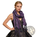 A luxurious purple and black striped jacquard crinkle scarf with intricate woven patterns and delicate fringe detailing