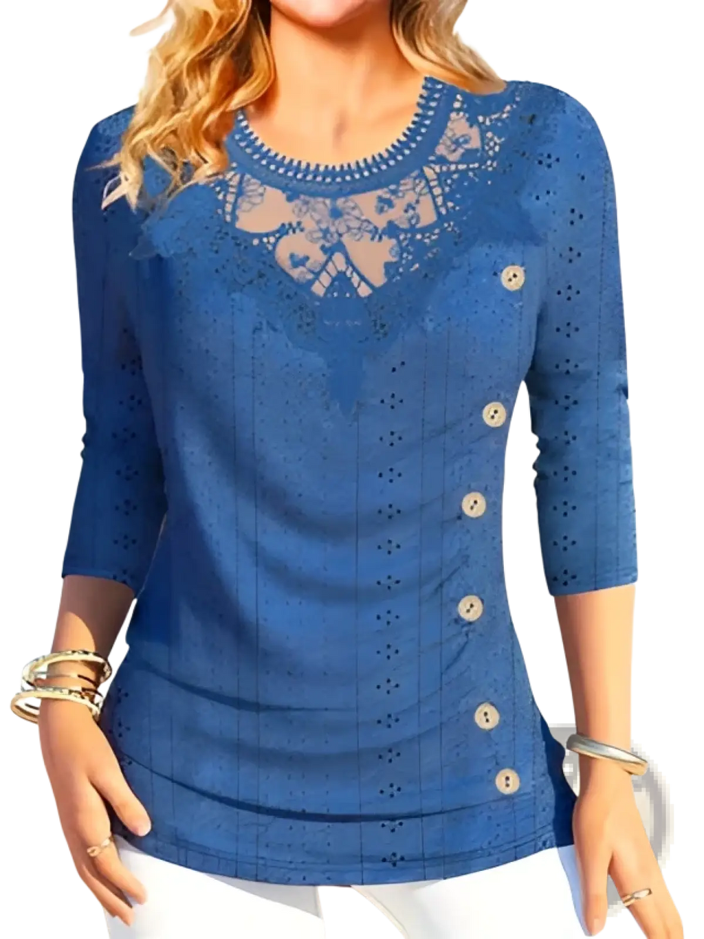 Blue three quarter sleeve top with lace detailing and button accents in purple lace trim design