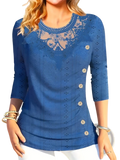 Blue three quarter sleeve top with lace detailing and button accents in purple lace trim design