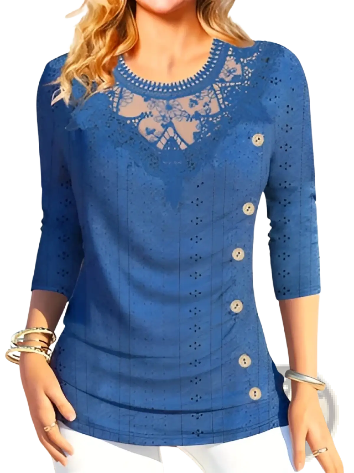 Blue three quarter sleeve top with lace detailing and button accents in purple lace trim design