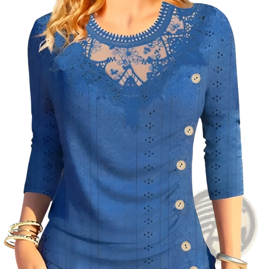 Purple lace trim three quarter sleeve top with blue lace trim and decorative buttons down the front