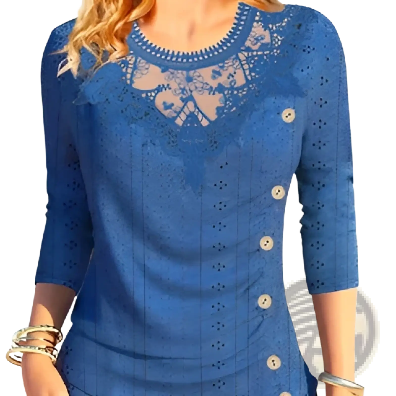 Purple lace trim three quarter sleeve top with blue lace trim and decorative buttons down the front