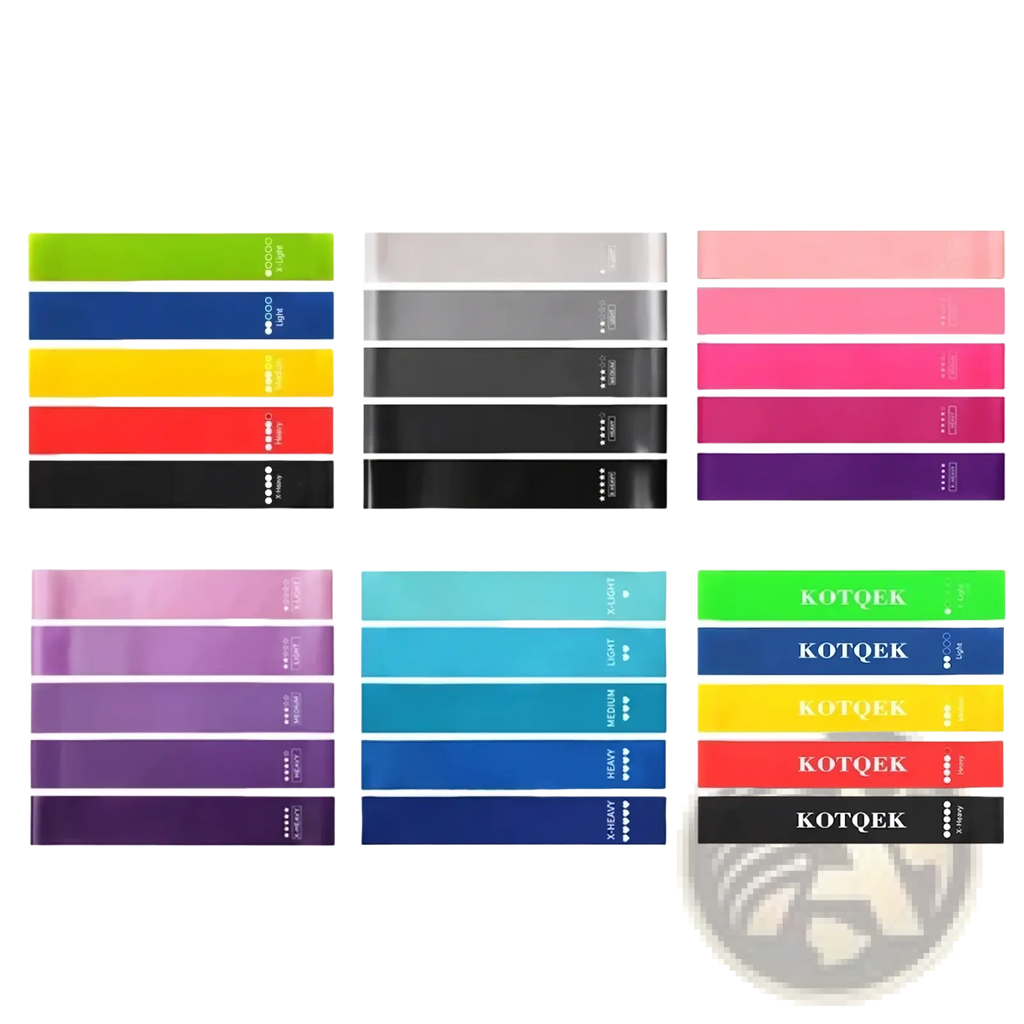 A set of colorful purple elastic resistance bands in various thicknesses by kotqek for home fitness use