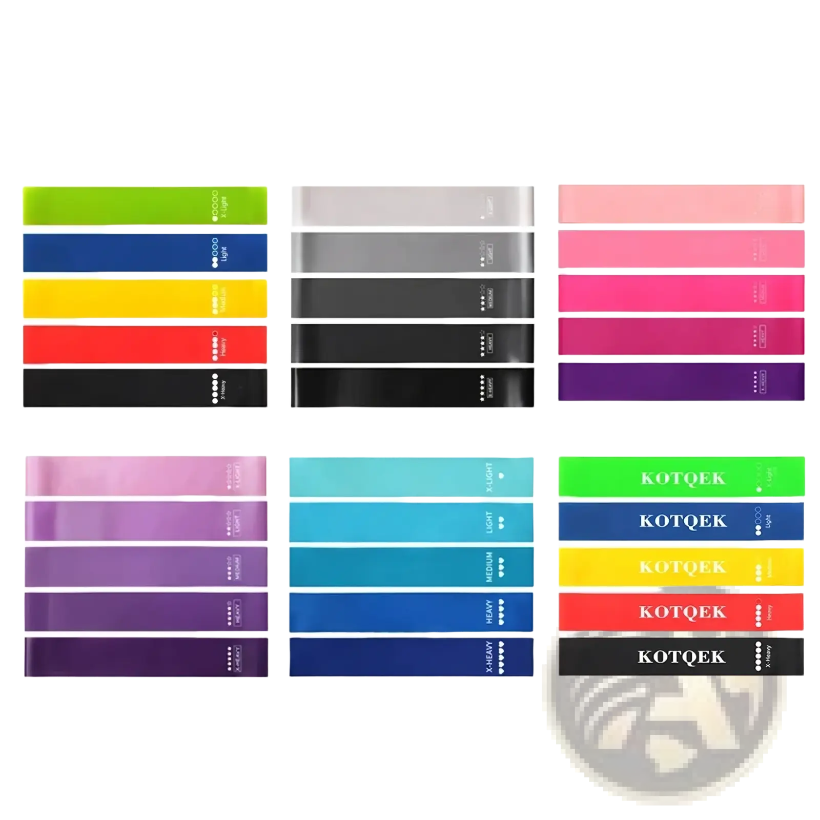 A set of colorful purple elastic resistance bands in various thicknesses by kotqek for home fitness use