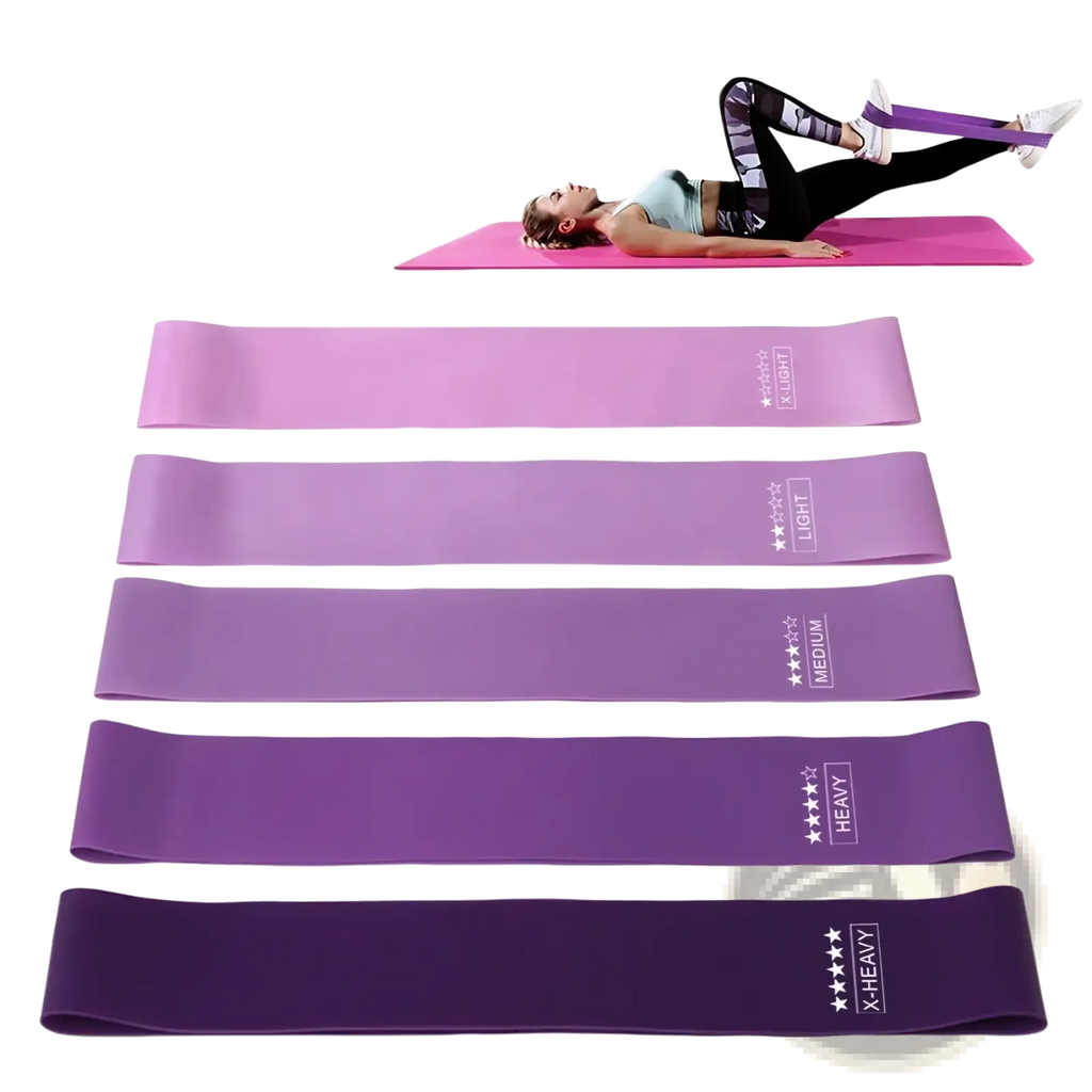 Set of five purple resistance bands in light medium heavy and x-heavy resistance for home fitness use