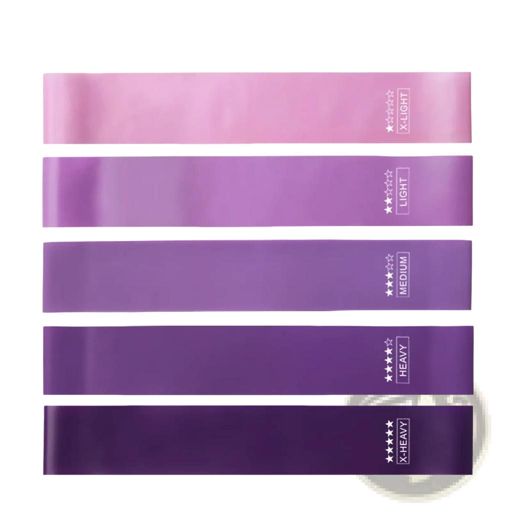 Set of five gradient purple resistance bands labeled with weight levels and star ratings for home fitness use
