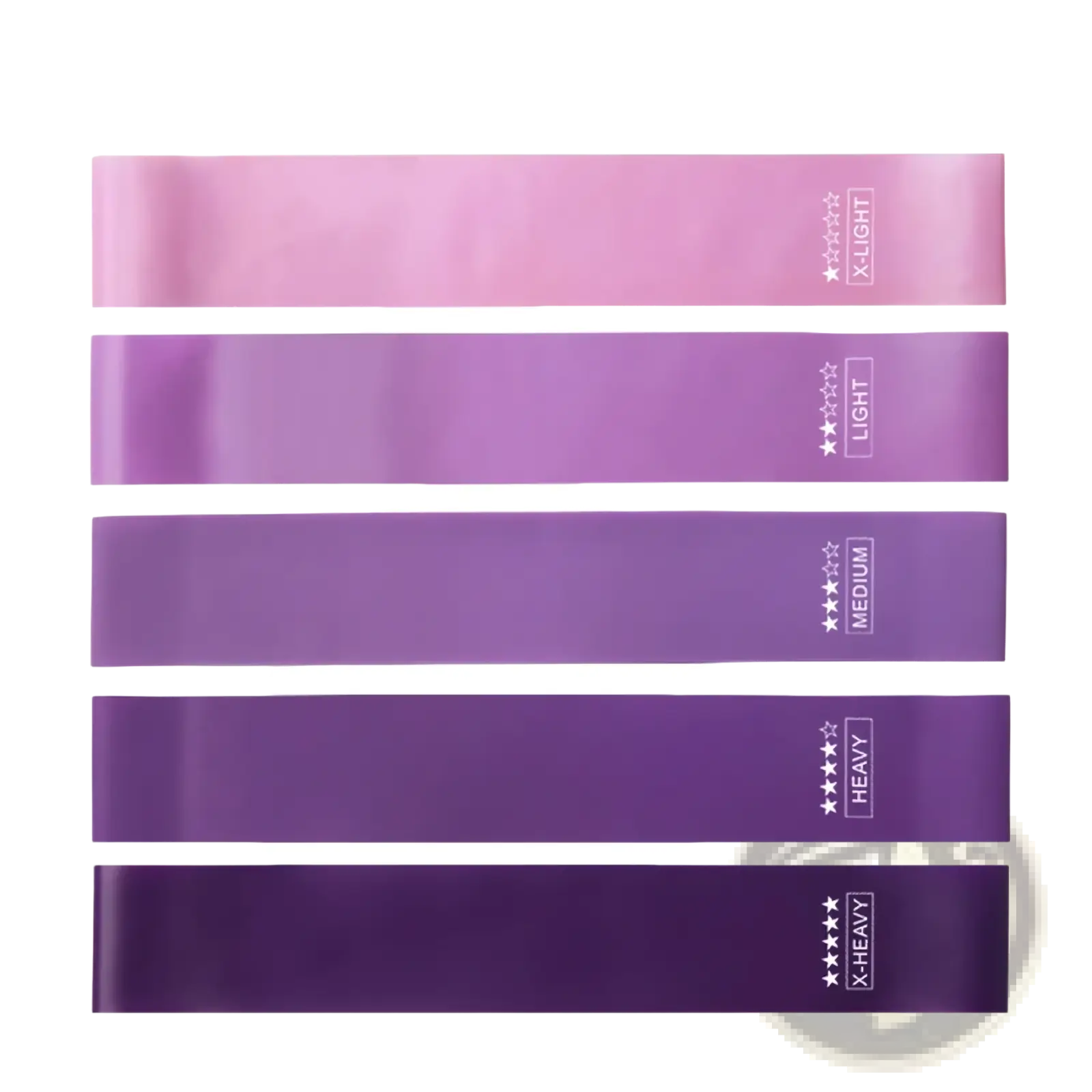Set of five gradient purple resistance bands labeled with weight levels and star ratings for home fitness use