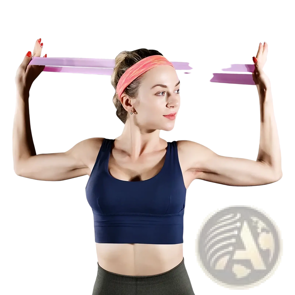 Woman holding a pink elastic resistance band horizontally from the purple resistance bands set for home fitness use