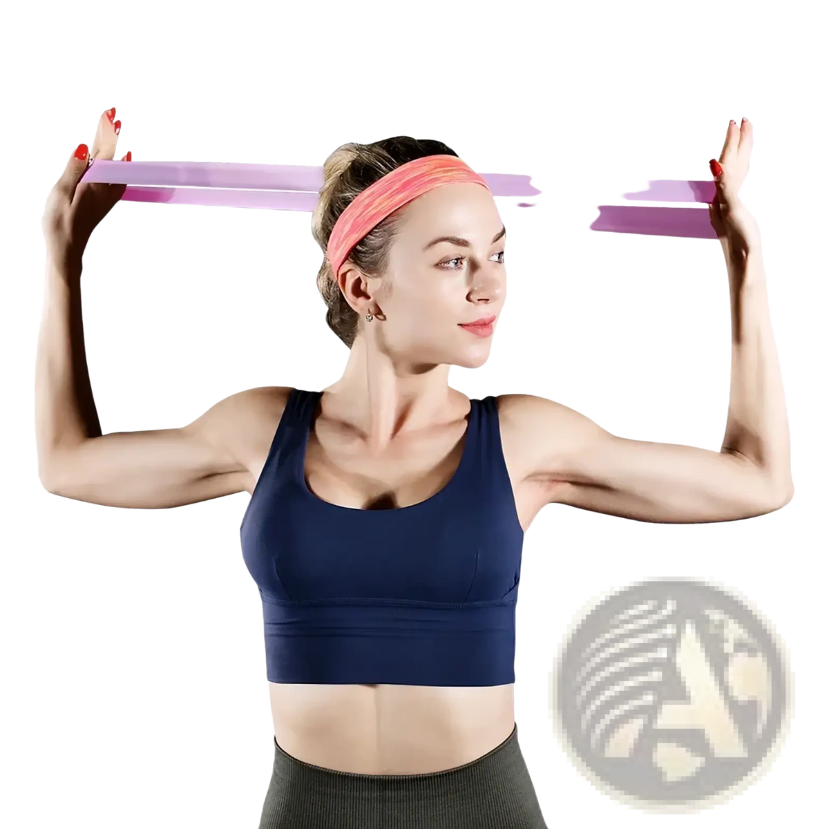 Woman holding a pink elastic resistance band horizontally from the purple resistance bands set for home fitness use