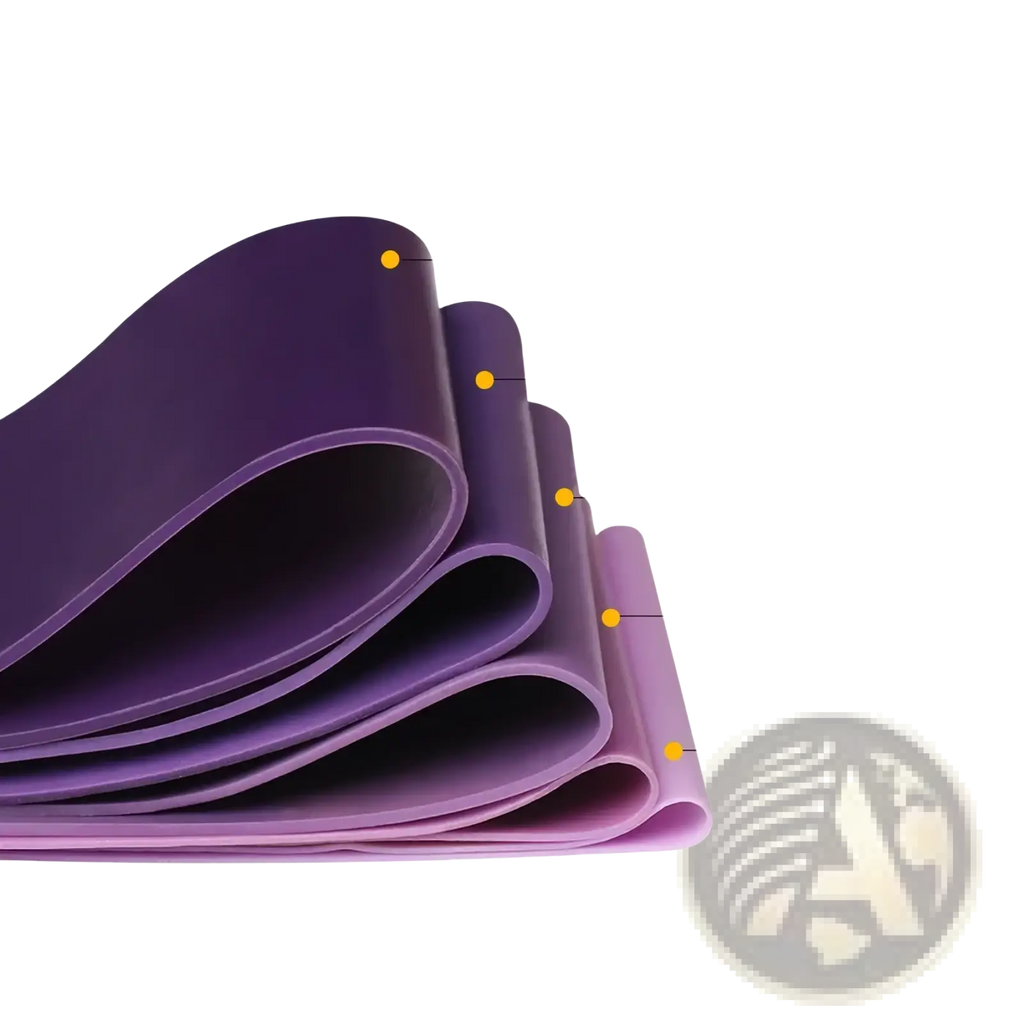Purple rubber resistance bands set for home fitness in varying thicknesses labeled by weight capacity