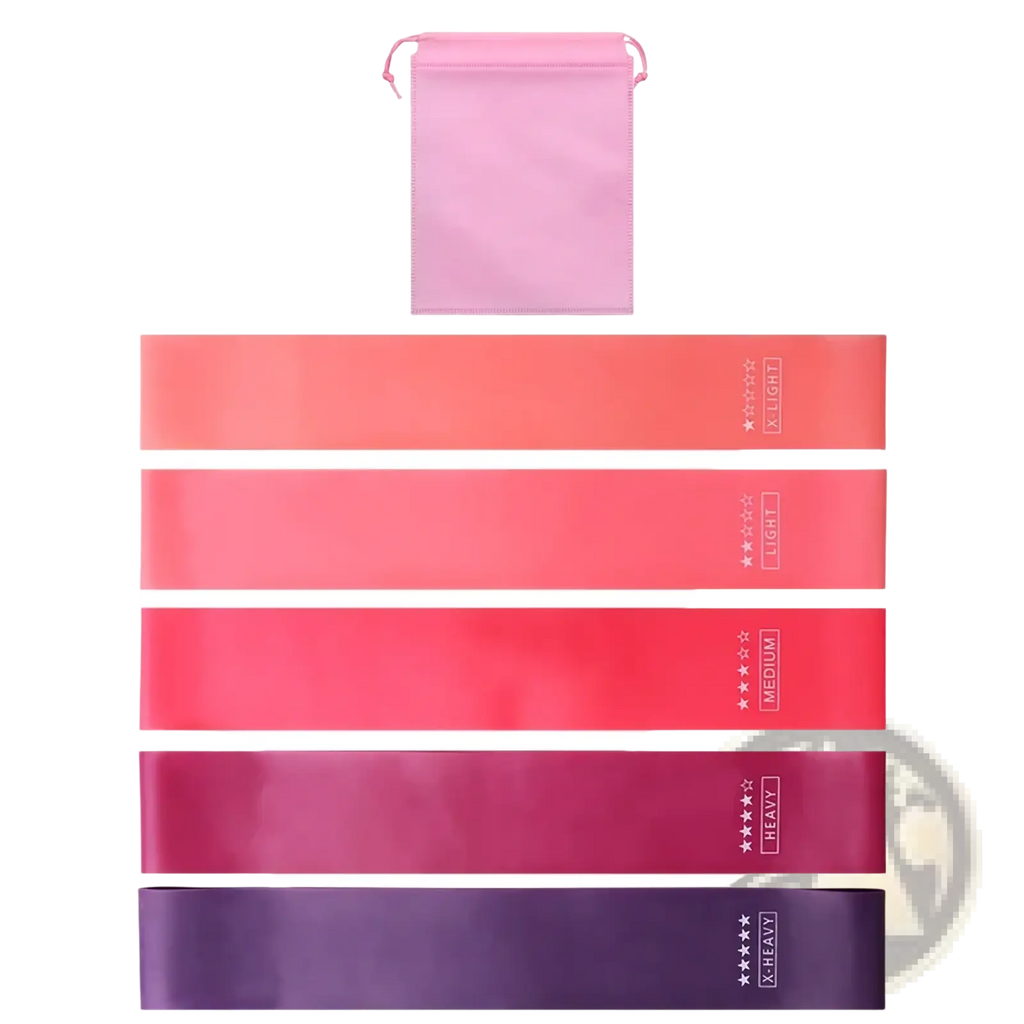 Set of five gradient pink to purple latex resistance bands with matching drawstring pouch for home fitness use
