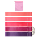 Set of five gradient pink to purple latex resistance bands with matching drawstring pouch for home fitness use