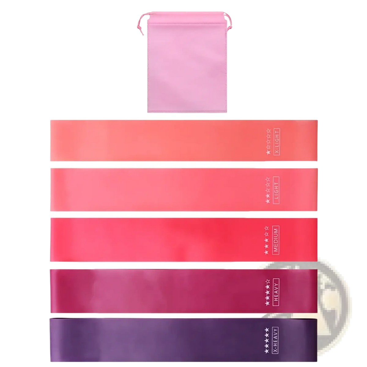 Set of five gradient pink to purple latex resistance bands with matching drawstring pouch for home fitness use
