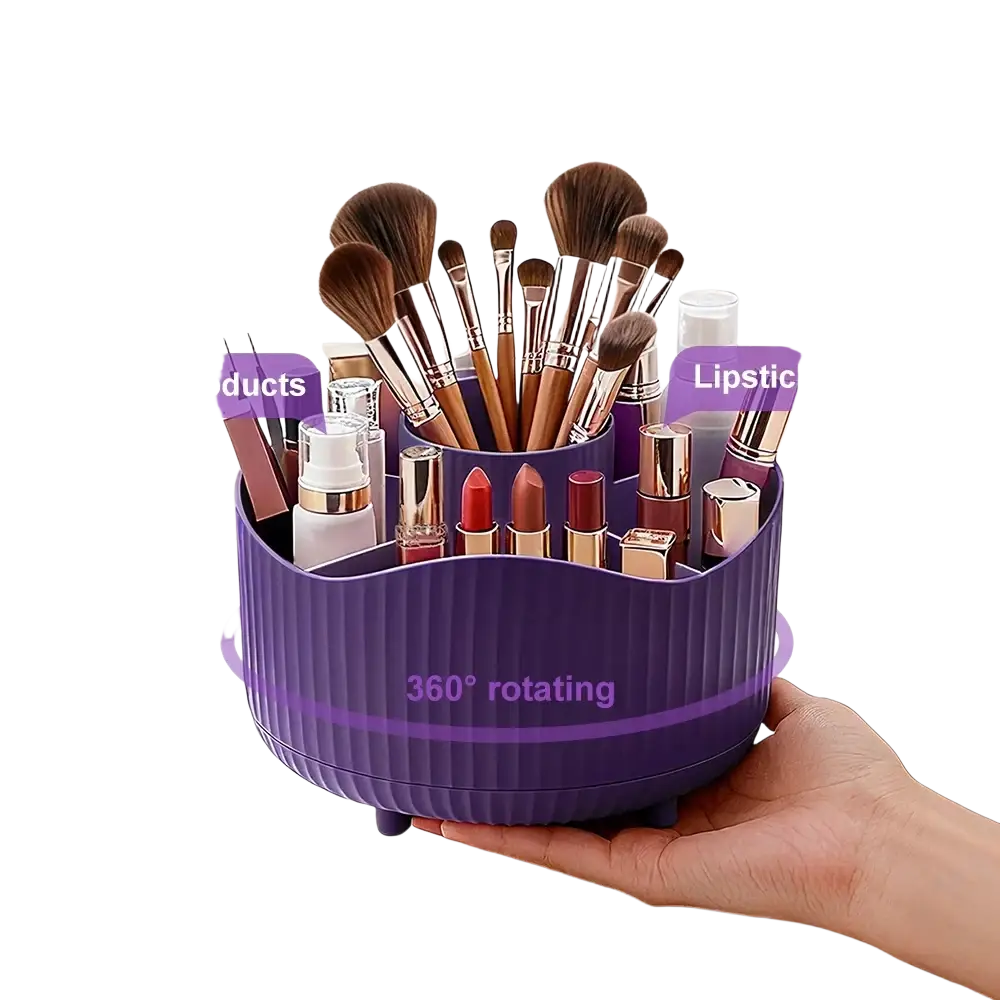 Purple rotating makeup organizer with 360-degree rotation ribbed texture and compartments for brushes lipsticks and skincare products