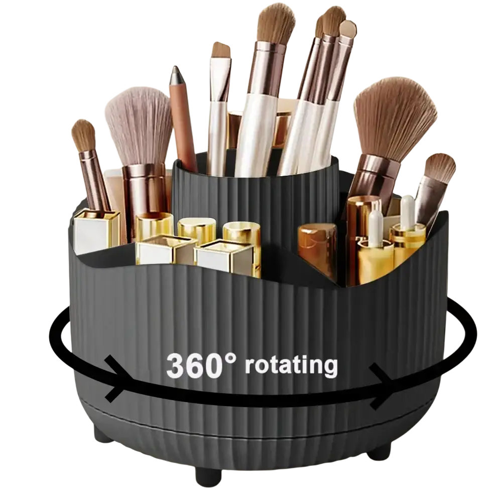 Purple rotating makeup organizer in black ribbed design with multiple compartments holding brushes and gold cosmetics