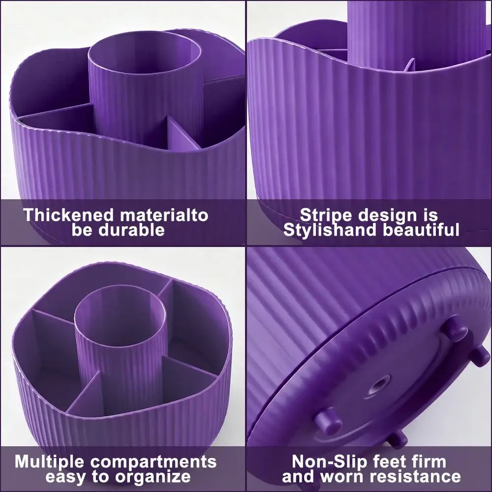 Purple rotating makeup organizer made of plastic with ribbed stripe design and multiple compartments for storage
