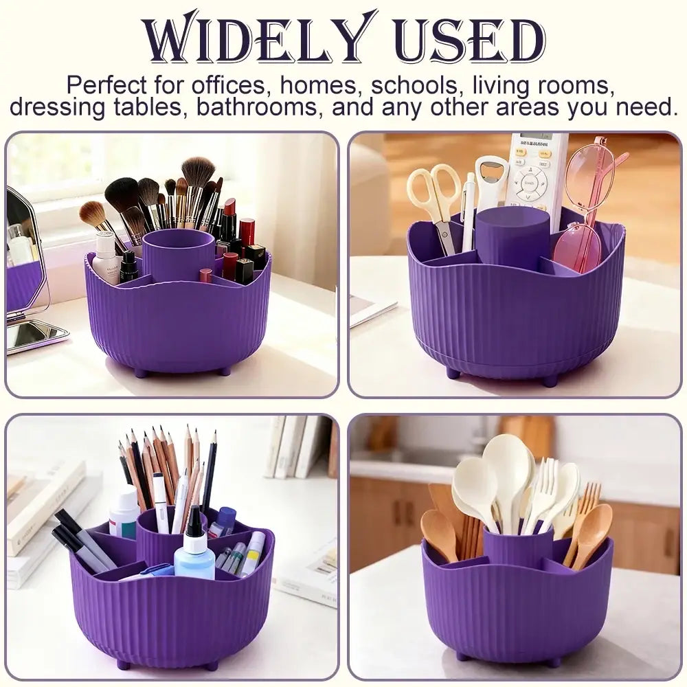 Purple rotating makeup organizer made of plastic with ribbed texture rounded edges and multiple compartments