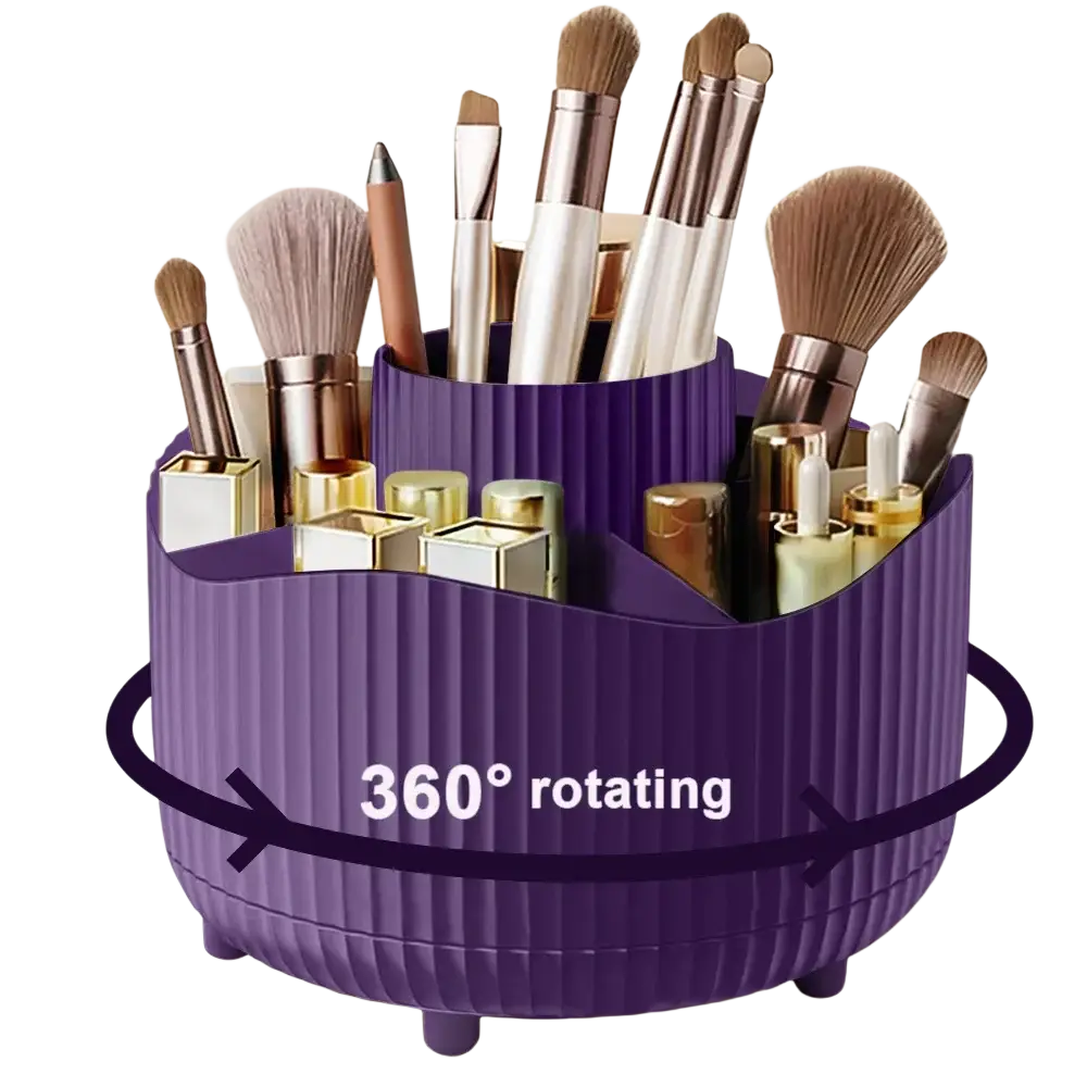 Purple rotating makeup organizer made of ribbed plastic with multiple compartments holding brushes and lipsticks