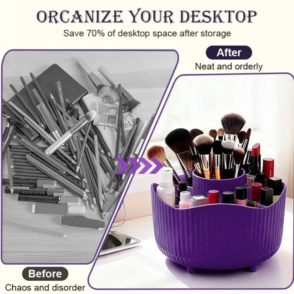 Purple rotating makeup organizer made of ribbed plastic with multiple compartments for brushes and makeup