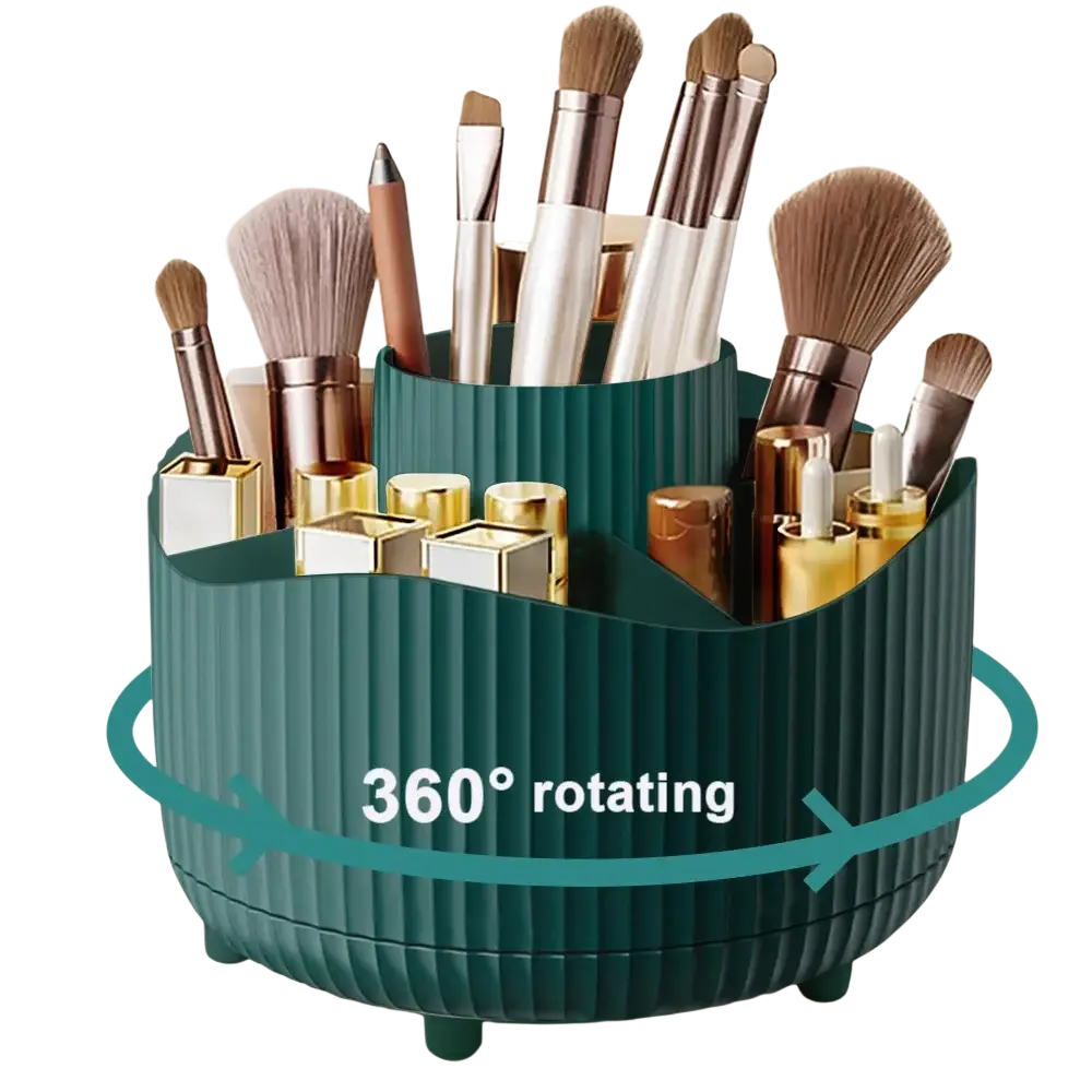 Teal ribbed plastic rotating makeup organizer with 360-degree base for convenient cosmetic storage and access