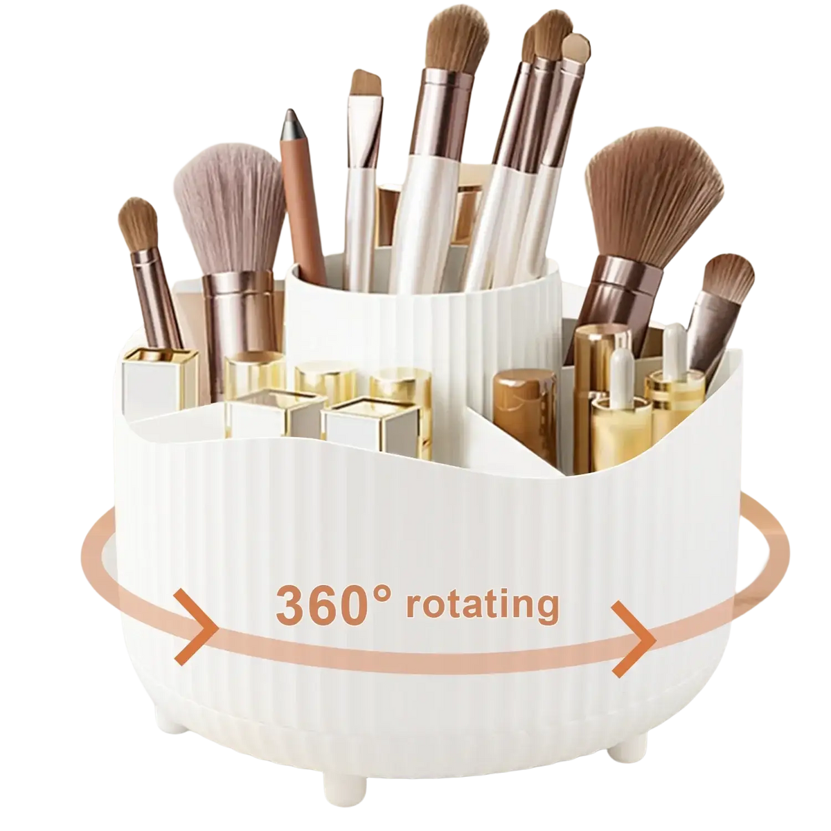 Purple rotating makeup organizer made of white ribbed plastic with multiple compartments holding brushes and lipsticks