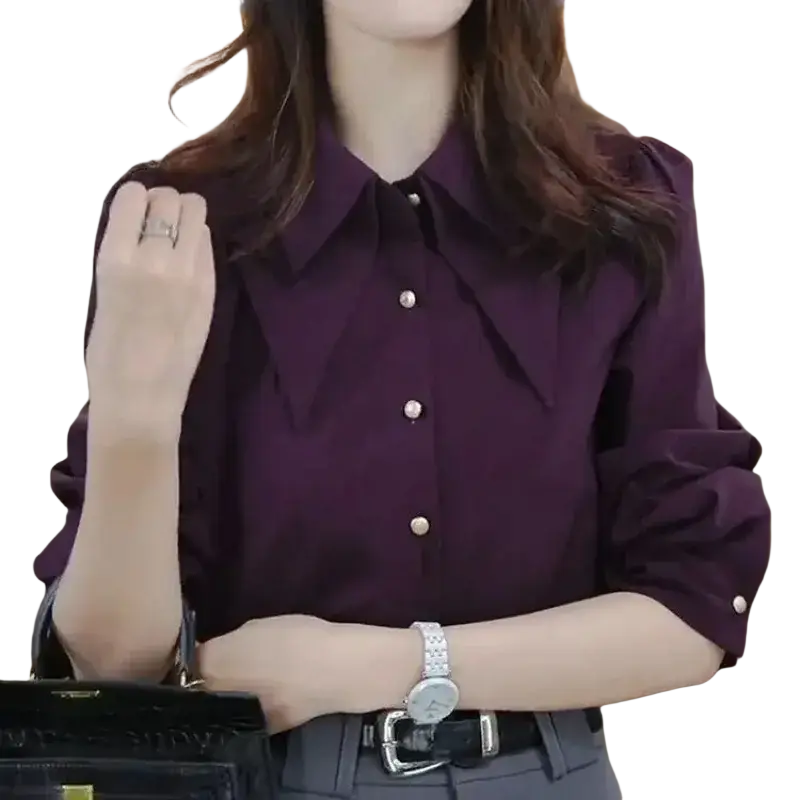 Purple satin blouse long sleeve button top modname=ckeditor featuring a bow collar and pearl-like buttons
