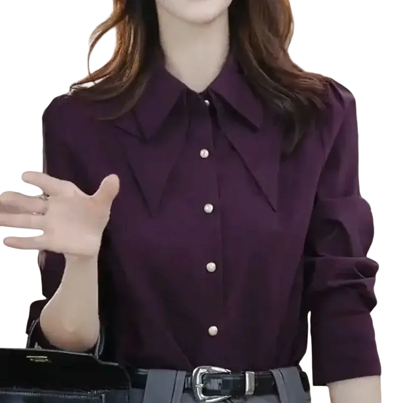 A deep purple satin blouse with long sleeves classic collar and pearl-like buttons modname=ckeditor