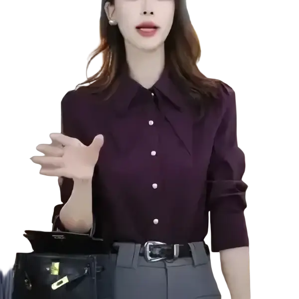 Purple satin blouse long sleeve button top with collar modname=ckeditor features a smooth fabric finish